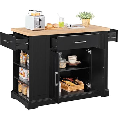 Yaheetech Rolling Kitchen Island Cart with 3 Drawers & Open Shelves, Black | Mobile Kitchen Island with Storage on Wheels with Adjustable Shelves, Thicke Rubberwood Top, for Dining Room/Living Room - color: Black
