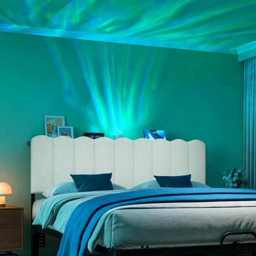 Queen Aurora Light Headboard with Storage Shelf, White | Aurora ceiling projector, scalloped tufted design, USB-A & Type-C ports, storage shelf, adjustable height, foam padded - color: White-with Aurora Light, size: Queen