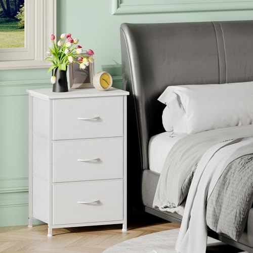 Somdot Small Dresser for Bedroom, 3 Drawer Storage Cabinet, White | Tall Nightstand Fabric Dresser with Removable Bins, Steel Frame and Mdf Wood Top , Closet, Nursery, Dorm or Entryway Storage - color: White, size: 11.8"D x 16.5"W x 28.1"H (3 Drawers)