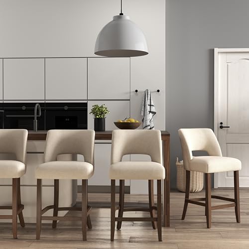 VKNOW Bar Stools Set of 4, 26" Fabric Counter Height Bar Stools, Beige | Modern Upholstered Counter Stools with Rubberwood Legs for Kitchen Island Dining Room Bar - color: Beige, size: Set of 4