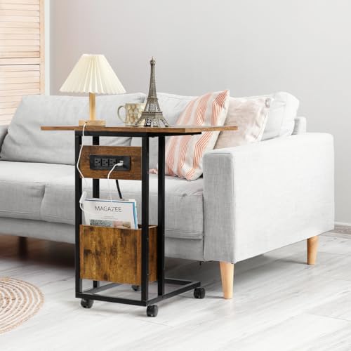 Hadulcet C Shaped End Table for Couch with Power Port & Foldable Tabletop | Folding TV Tray Table for Eating with Storage, Snack Table C Table for Sofa, Living Room Bedroom Small Spaces, Rustic Brown
