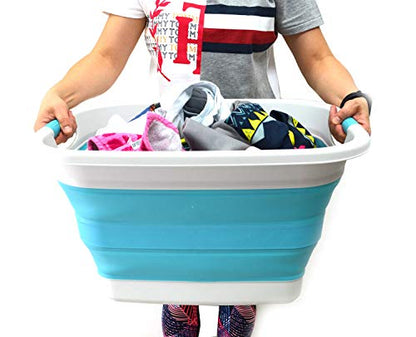SAMMART 37L (9.77 Gallon) Collapsible Plastic Laundry Basket - Foldable Pop Up Storage Container/Organizer - Portable Washing Tub - Space Saving Hamper/Basket (2, Grey/Bright Blue)