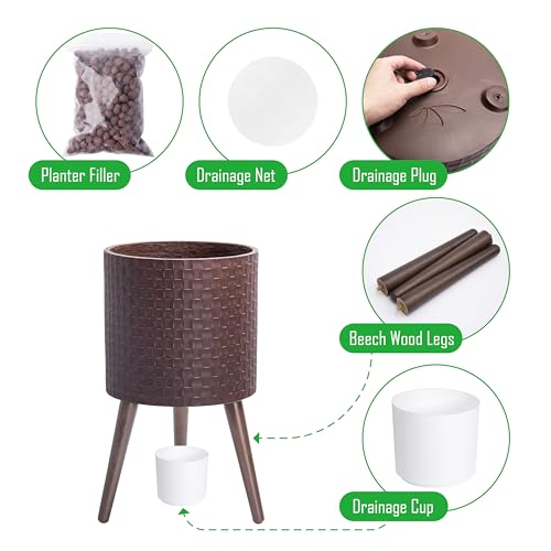 D'vine Dev Planter Pot with Wood Stand, 12 in, Espresso, 88-Z-C-6 | Mid-Century Modern Style, Elevated Plant Display, Drainage Hole and Plug, Functional & Stylish, Modern Indoor Planter - color: Espresso, size: Large