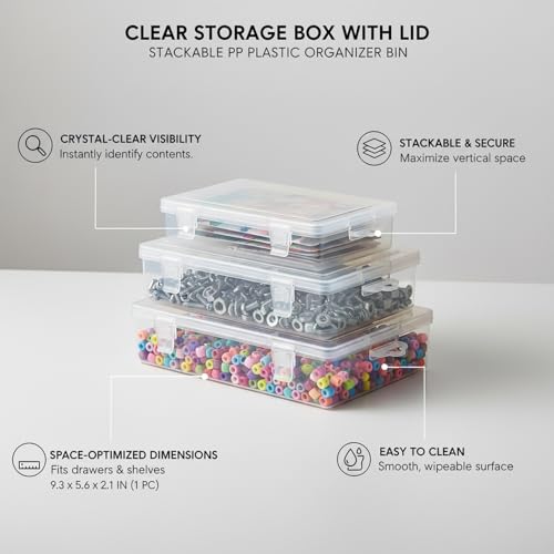Stackable Clear Plastic Storage Bins with Lids, Transparent PP Organizer Boxes for Drawers, Shelves, and Desktops - size: 9.33 x 5.63 x 2.09 in