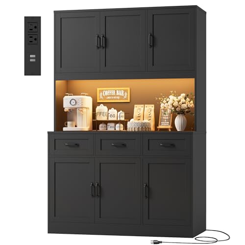 HOSTACK Kitchen Pantry Storage Cabinet, Tall Kitchen Hutch Cabinet, Black | 47"W Food Pantry Cabinet with Smart LED / Charging Station / Countertop / 3 Large Drawers, 72"H Storage Hutch, Dining Room - color: Black