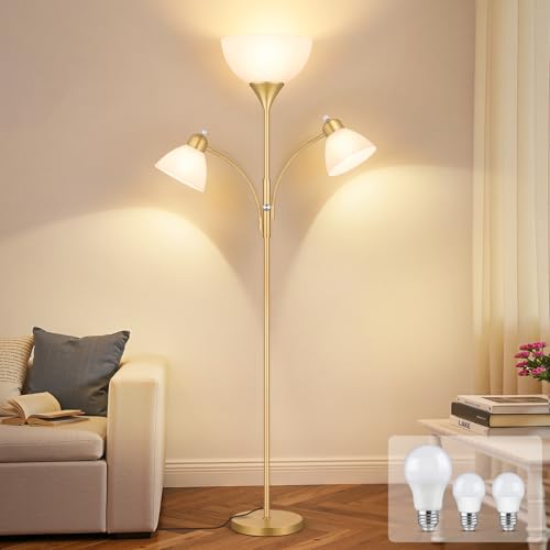 Coucrek Floor Lamp for Living Room,72" Dimmable Torchiere Lamp with 2 Reading Lights for Bedroom, Gold Tall Standing Room Lamp, 3 Bulbs Included - color: Gold