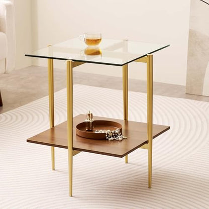 LumFurn Square Glass End Table, Mid-Century Modern Side Table for Living Room, L18xW18xH23inch, Clear Glass and Walnut MDF Wood, Gold Finish Frame - color: L18" Clear & Walnut