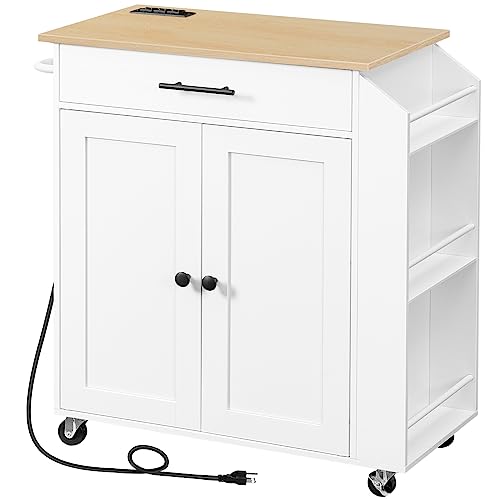 HOOBRO Kitchen Island with Power Outlet, Kitchen Storage Island with Spice Rack and Drawer, Rolling Kitchen on Wheels, for Home, Dining Room, Natural and White WN82UZD01G1 - color: Natural + White