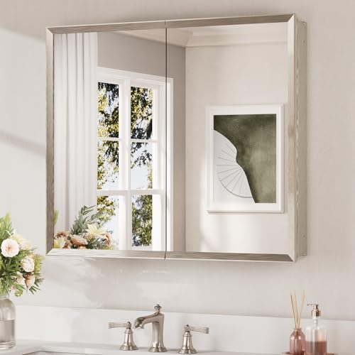 Keonjinn Brushed Nickel Bathroom Medicine Cabinet with Mirror 30 x 26 Inch | Assembly Needed, 2 Door, Adjustable Shelves, Aluminum Rust-Resistant, Surface Mount or Recessed Bathroom Medicine Cabinet - color: Brushed Nickel, size: 30x26 In