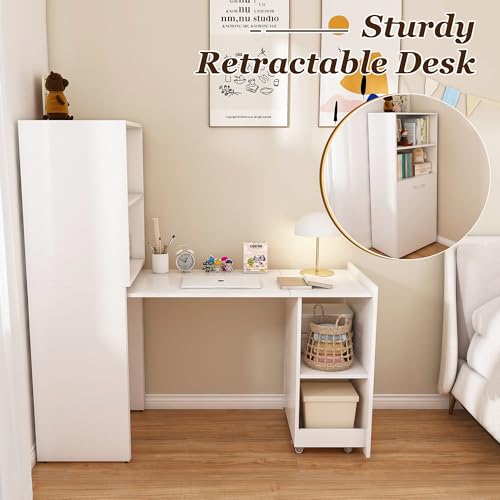 HRVEOCEI Bamboo Fold Out Desk with Storage, Mid Century Hideaway Desk for Small Spaces, Folding Computer Desk for Home Office Bedroom Apartment, Space Saving (White) - color: White