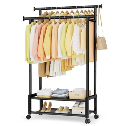Double Rod Clothing Rack with 2 Shelves, Rolling, Black | All tools included, metal frame, 4 casters with 2 locking, for bedroom, laundry, and entryway - color: Black