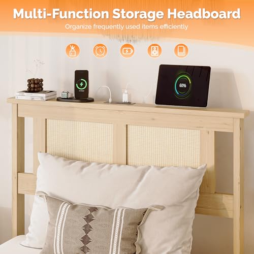 VINGLI Rattan Twin Bed Frame with Headboard,Boho Bed Frame with Underbed Storage and Charging Ports for Bedroom,Solid Wooden Slats Support,Noise-Free,Natural - size: Twin