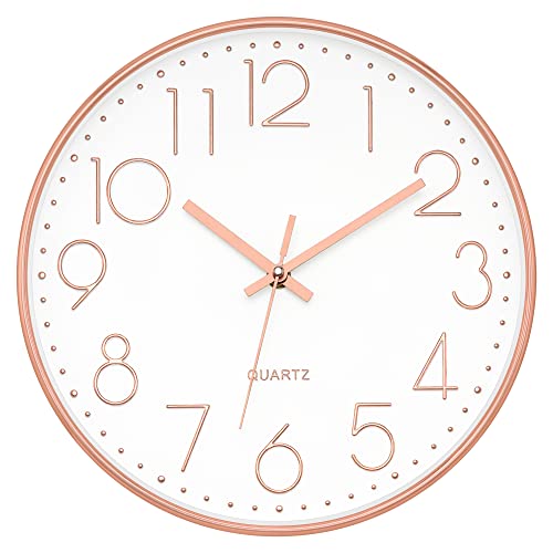 Foxtop 12" Modern Wall Clock Silent Battery Operated Rose Gold Clock | Non Ticking, Quartz, Round, Analog, Easy to Read, Bedroom, Kitchen, Living Room, Office - color: Rose Gold, size: 12 Inch Quartz
