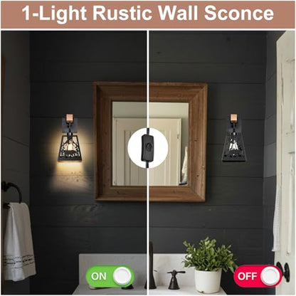 Plug in Wall Lamp,Bear Matte Black Metal 1 Pack Farmhouse Rustic Wall Sconces with Wood Arm,E26 Base Industrial Light for Bedroom,Bedside,Living Room,Indoor,Hallway,Bathroom,Porch,Stairway - color: Bear-Black
