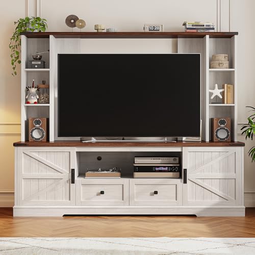 EnHomee Farmhouse Entertainment Center for 60" TV with LED & Power Outlets | Tall TV Console Wood TV Stand with Storage Shelves,Bookshelf for Living Room, Bedroom, White - color: White