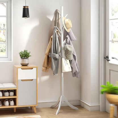 kiplant Coat Rack Stand with 8 Hooks, Adjustable Coat Standing Tree Easy Assembly for Coats, Hats, Scarves and Handbags for Entryway, Hallway, Bedroom, Office (Bamboo, White) - color: White