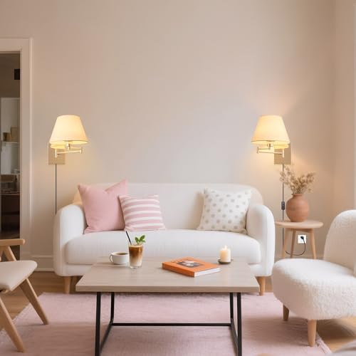Plug-In Wall Sconce, Rose Gold Swing Arm Lamp with Fabric Shade for Bedroom | Adjustable bedside wall light with fabric shade and E26 socket for replaceable bulbs; ideal for living rooms or studies - color: Rose Gold, size: 1PCS