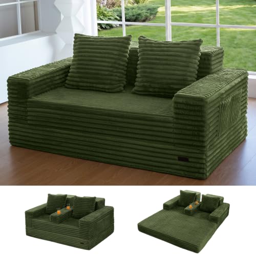 MAXYOYO Sofa Bed, 64-Inch Boneless Loveseat with 2 Cup Holders | Striped Green 4-in-1 Sofa Converts Into a Floor Couch or Recliner Chair; Sofa-in-a-Box Needs No Assembly for Living Rooms - color: Striped Green, size: Standard(64" Length)