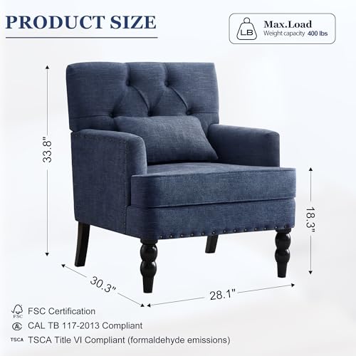 HUIMO Accent Chair, Tufted Upholstered Club Chair, Indigo Blue | Tufted upholstered club chair with lumbar pillow and solid wood legs. Suitable for living rooms, bedrooms, and reading nooks. - color: Blue