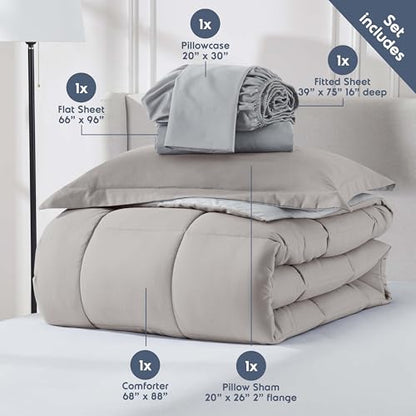Nestl 5 Piece Twin Comforter Set – Linen Reversible Bed in a Bag – Complete Twin Size Bedding Set with Sheets, Pillowcase and Sham - color: Linen, size: Twin