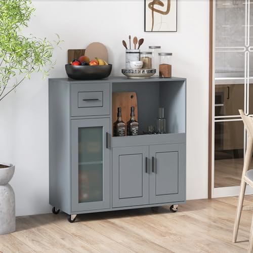 Giantex Kitchen Island Cart with Storage, Rolling Island Table with Drawer, Glass Door, Adjustable Shelf, Bar Coffee Microwave Cart On Wheels for Dining Room, Grey