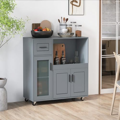 Giantex Kitchen Island Cart with Storage, Rolling Island Table with Drawer, Glass Door, Adjustable Shelf, Bar Coffee Microwave Cart On Wheels for Dining Room, Grey