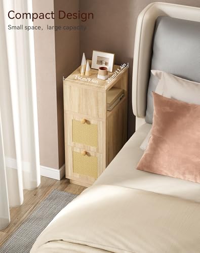 YMYNY Rattan Nightstands Set of 2, Boho Bedside Table with Open Shelf, 2 Drawers, 9.45" x 11.42" x 25.59", Narrow Side Table, Bedside Cabinet for Bedroom and Small Spaces, Natural UHST017N-2 - color: Natural