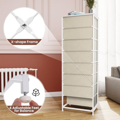Fabric Dresser for Bedroom, 8 Drawer Tall Vertical Skinny Tower (Beige) | Wooden Top, Steel Frame, Easy Pull Bin,Organizer Unit for Living Room, Hallway, Entryway, Nursery, Closets - color: Beige, style: Narrow-8 Drawers