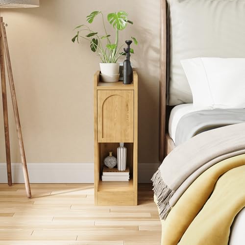 Narrow Nightstands Set of 2, Slim Bedside Tables with Raised Edge Top, Arched Drawer & Open Shelf, Modern Wooden Small End Tables for Bedroom Small Spaces (2, Natural) - color: Natural-arched Drawer, size: 2-Pack