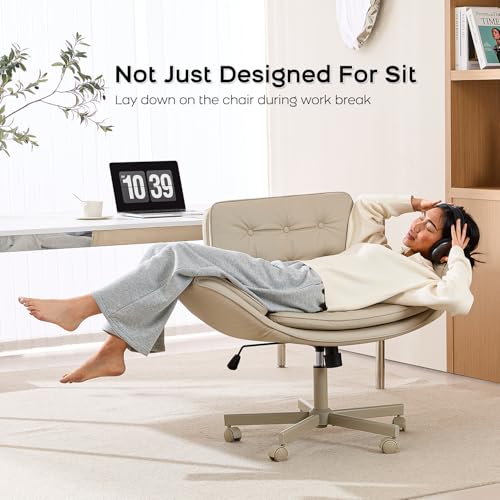 amseatec Criss Cross Office Chair, Swivel Makeup Vanity Chair with Wheels | Wide PU seat supports cross-legged, fidget-friendly sitting; 5-level armrests create pet space; wipe-clean finish eases care - color: Cream