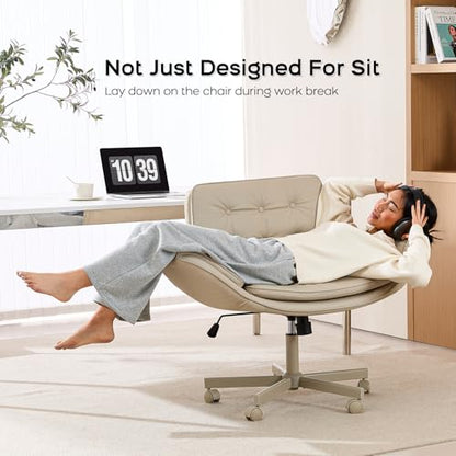 amseatec Criss Cross Office Chair, Swivel Makeup Vanity Chair with Wheels | Wide PU seat supports cross-legged, fidget-friendly sitting; 5-level armrests create pet space; wipe-clean finish eases care - color: Cream
