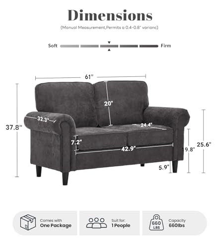 Loveseat 2 Seater Couch, Mid Century Modern Chenille Sofa with Rolled Arms and Deep Seats, Fluffy Comfort for Living Room, Apartment, Easy Assembly, Grey - color: Grey, size: Chenille Loveseat
