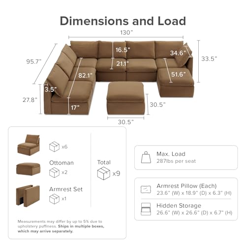 mopio Oversized Modular Sectional Sofa with Fully Removable Covers and Storage, Convertible U, L-Shaped and Sleeper Sectional, Modern Couches with Ottoman Chaise (Hazelnut Velvet, 8 Seats, U) - color: [Gen 2] Hazelnut Velvet, size: 8 Seats, U