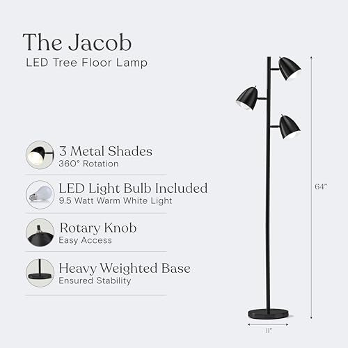 Brightech Jacob LED Standing Lamp, Modern Bright Floor Lamps for Living Rooms & Bedrooms, Tall LED Lighting Lamp with Adjustable 3 Light Tree – Classic Black - color: Black