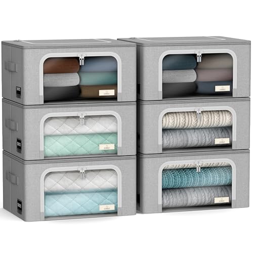Sorbus Storage Bins with Metal Frame - Stackable & Foldable Clothes Organizer Bags - Oxford Fabric Storage Containers with Large Clear Window & Carry Handles, Bedroom Organization for Bedding & Linen - color: Gray, size: 6 Pack