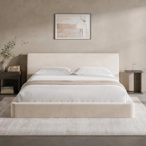 RECCI AirFrame King Upholstered Bed Frame with Ergonomic Angled Headboard | Ergonomic Angled Headboard, 360° Soft Foam Surround, Low Profile Cloud Bed Frame, No Box Spring Required, Easy Assembly - color: Beige Chenille, size: King