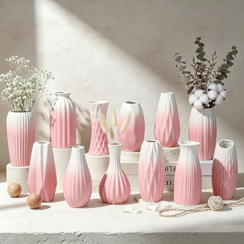 BEAHOT Ceramic Bud Vases Set of 12 – Gradient Pink and White Small Vases for Centerpieces – Elegant Mini White Bud Jars for Weddings, Home Decor, and Table Display – Perfect for Flowers and Gifts - size: 12pack Unglazed Pink