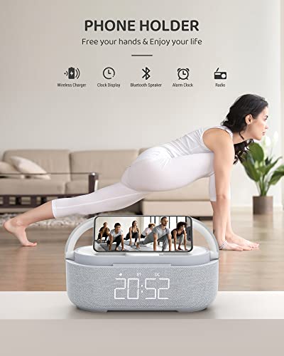 Bluetooth Speaker Alarm Clock & Wireless Charger for Bedside, Home, Office | FM Radio, Adjustable LED Night Light, 6 in 1 Bedroom Portable Speaker 2500mAh, Phone Stand - color: Gray