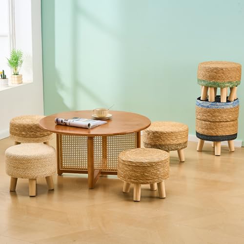 Cpintltr Ottoman Natural Seagrass Footrest Poufs Hand Weave Round Foot Stool for Couch Desk Soft Step Stool Padded Foot Rest with Pine Legs for Living Room Bedroom (Natural White) - color: Natural White