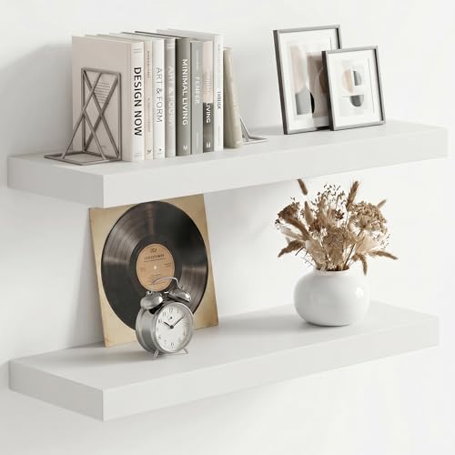 fuqing 20 Inch Floating Shelves, 6.7 Inch Deep White Wall Shelves Set of 2 | 20'' x 6.7'' x 1.4'' White Wood Shelves for Bathroom, Living Room, 35LBS, Lightweight, Hardware Included, Waterproof Finish - color: White, size: 20 Inch