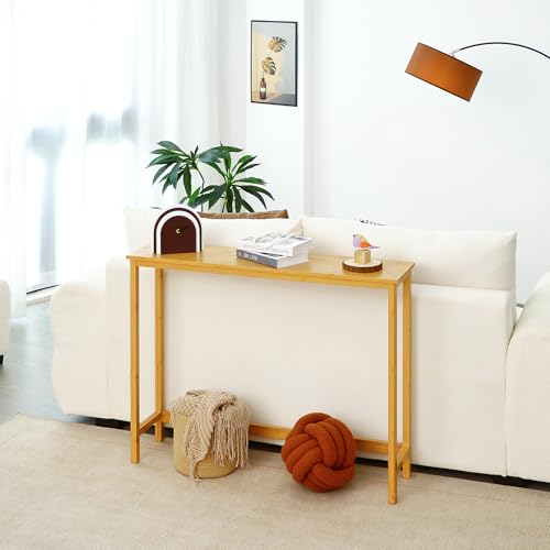 Bamboo Narrow Console Table, 39.4"(L) Wood Small Entryway Table, Accent Slim Hallway Tables, Thin Sofa Side Tables for Hallway, Living Room, Bedroom, Foyer, Burlywood - color: Burlywood