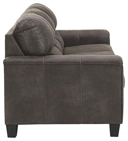 Signature Design by Ashley Navi Faux Leather Queen Sleeper Sofa Bed, Gray | Warm-feel weathered polyester blend, Space-saving pull-out design for multi-use rooms, Supportive attached cushion back - color: Grey, style: Sleeper