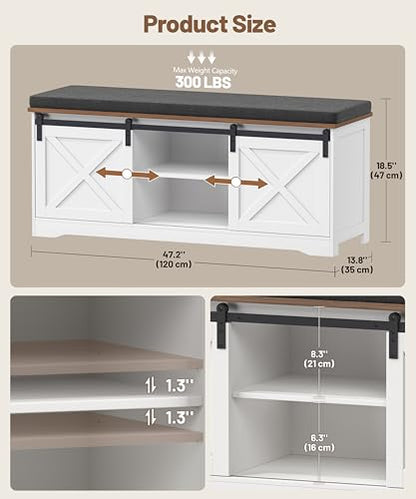 Farmhouse Shoe Storage Bench, Shoe Bench with Slide Barn Doors | 47.2" Entryway Bench with Cushion and Adjustable Shelves, for Bedroom, Closet, Living Room, Hallway, White