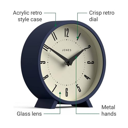 JONES CLOCKS® Venus Desk Clock | Modern Round Design | Blue | Stylish Retro Look for Shelf, Table, Mantel or Bedside - color: Indigo Blue