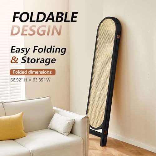 4 Panel Room Divider, Hand-Woven Rattan Room Divider Screen, Folding Privacy Screens with Double Hinges, Wooden Freestanding Wall Divider for Room Separation Bedroom Home Office - Black - color: 4 Panels Black, size: 4 Panels
