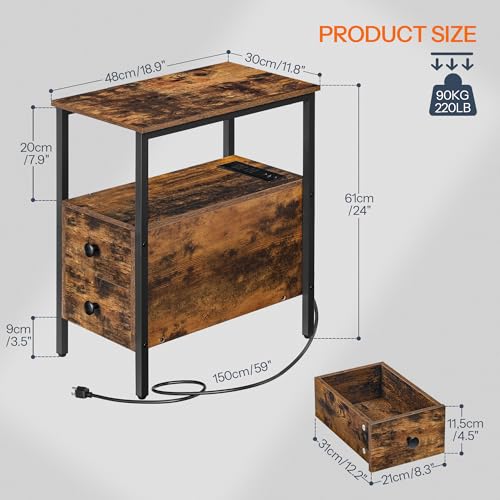 HOOBRO End Table with Charging Station, Narrow Side Table with 2 Drawer & USB Ports & Power Outlets, Nightstand for Small Spaces, for Living Room, Bedroom, Rustic Brown and Black BF541BZ01 - color: Rustic Brown + Black