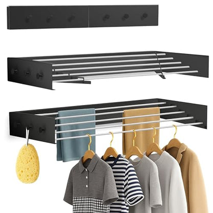 Wall Mounted Drying Racks for Laundry (31.5 Inches Wide) – Retractable Clothes Drying Rack wall Mounted with Carbon Steel Panel 6 Knobs & 5 Aluminium rods, Wall Drying Rack with Screws (Black) - color: Black