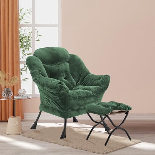 Youtanic Lazy Chair with Folding Ottoman, Accent Chair Plush Upholstered with Metal Structure and Non-Slip Pads, Sofa Armchair with Footrest and Side Storage Bag for Dorm, Room, Office, Green - color: Plush Green