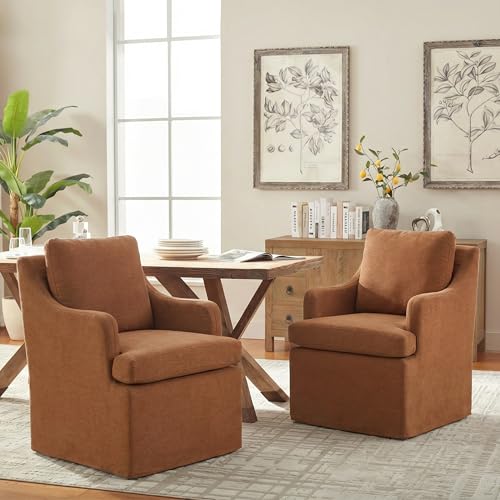 VKNOW Upholstered Dining Chairs Set of 2, Dining Room Chairs with Casters | Modern Rolling Dining Chairs with Armrest, Soft Chenille Fabric, Washable Cover, Easy Assembly, Living Room, Bedroom, Orange - color: Orange, size: 2