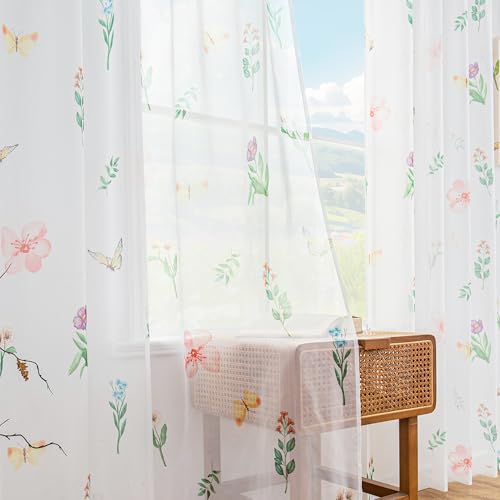 youleyar Floral Sheer Curtains for Living Room 63 Inches Long 2 Panels White Semi-Sheer Curtain with Flower/Leaves Printed Pattern Summer/Spring Rod Pocket Voile Drapes for Bedroom, 52" W x 63" L - color: Spring - Floral/Leaves, size: 52"W x 63"L (Pack of